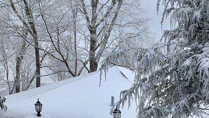 Lumipeitteinen tontti, jolla on kivestä rakennettu portaikko, joka johtaa keltaiseen rakennukseen. Alueella on myös puinen aita ja lumikuormaiset puut.