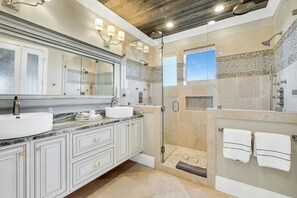 Combined shower/tub, jetted tub, hair dryer, towels