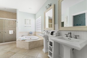Bathtub, jetted bath, hair dryer, towels