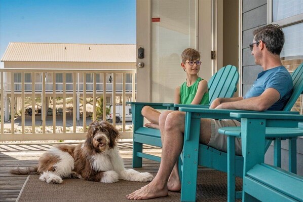 Eine Veranda mit zwei türkisfarbenen Adirondack-Stühlen, einem Hund und einem Gebäude im Hintergrund.