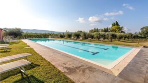 Une piscine rectangulaire à l’eau d’un bleu limpide, entourée d’une terrasse dallée. Des chaises longues sont alignées le long du bord de la piscine, et une pelouse avec une table de pique-nique se trouve au premier plan.