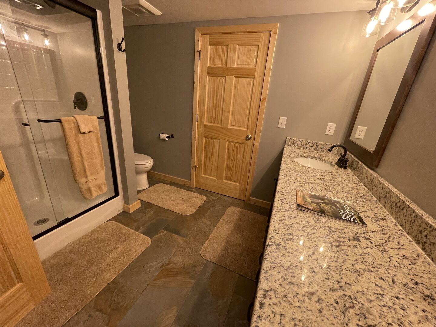 A bathroom with a glass shower enclosure, a toilet, a wooden door, and a granite countertop with a sink.