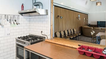 Een koelkast, een oven, een kookplaat, een vaatwasser