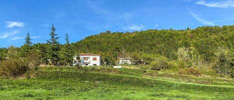 Une maison avec un toit rouge, entourée d’une végétation luxuriante et située au pied d’une colline boisée.