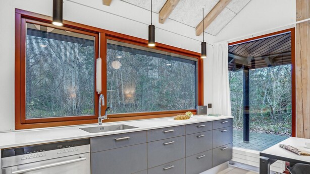 Una cucina moderna con un lavello doppio, elettrodomestici in acciaio inossidabile e vista sulla foresta attraverso ampie finestre.