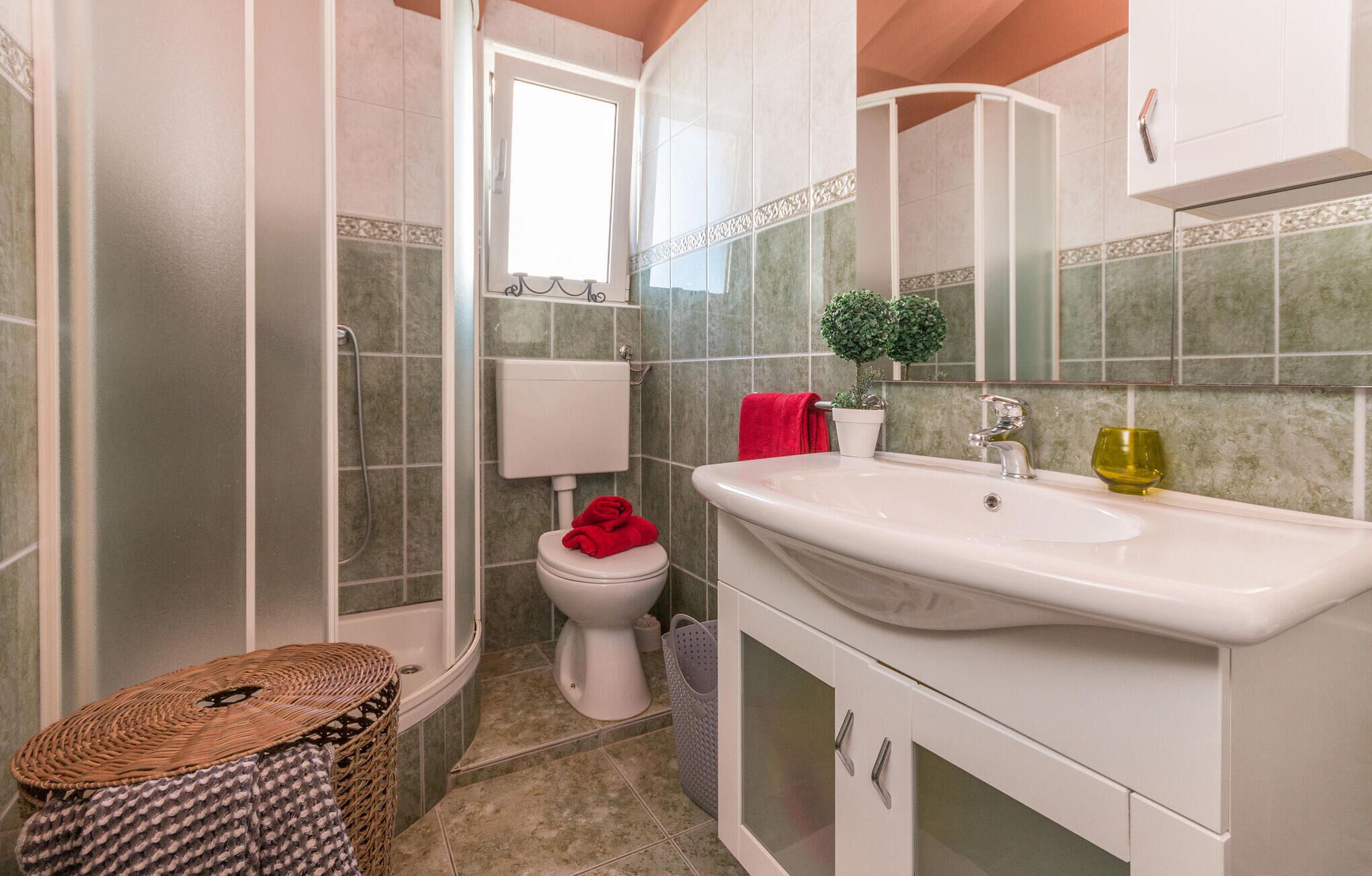 A bathroom with a shower, toilet, sink, and a small potted plant.