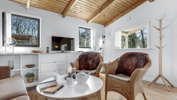 Una sala de estar moderna con techo de madera, ventanas amplias, televisor, sillas de mimbre, una mesa redonda con tetera y un perchero.