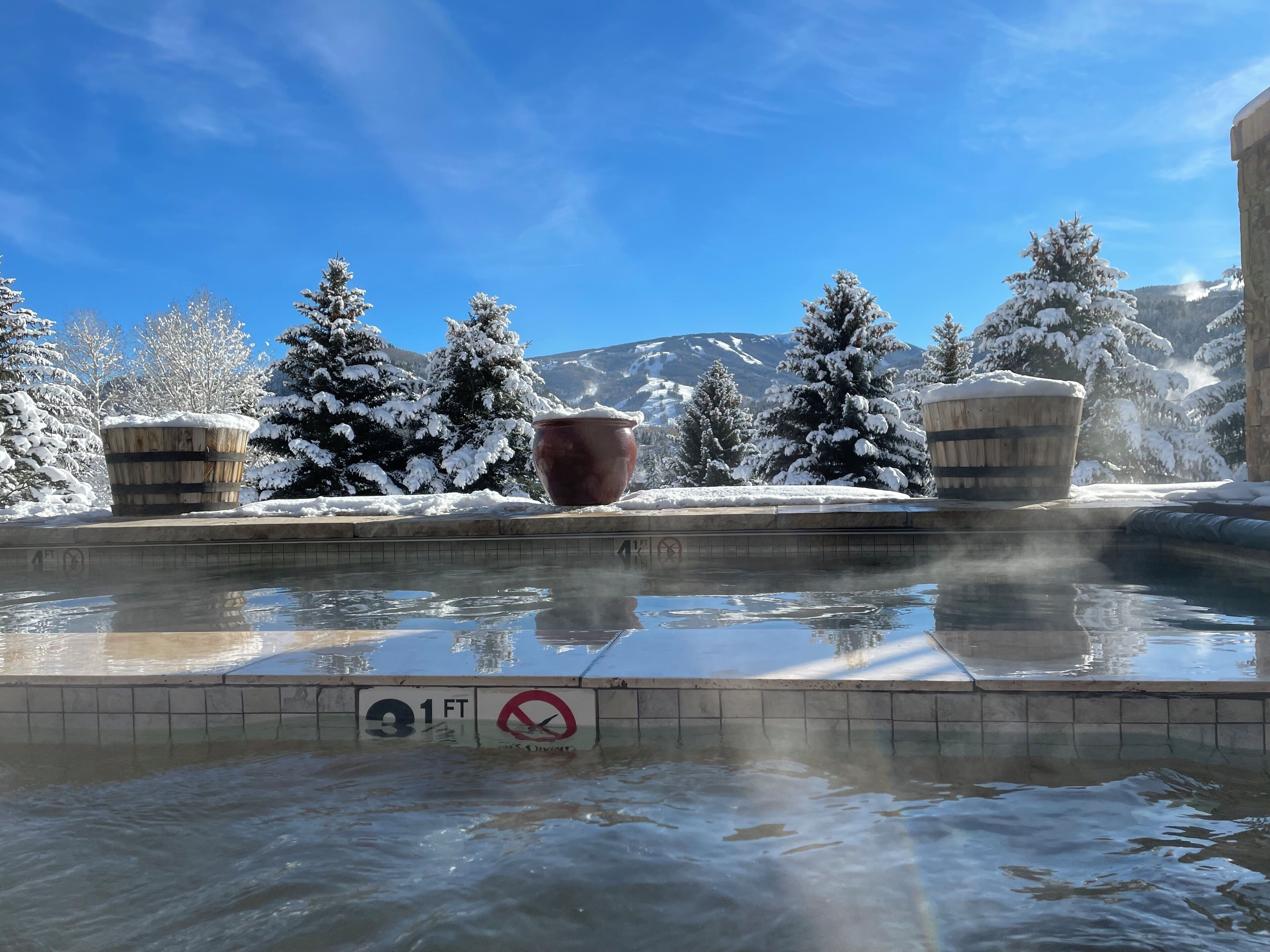 A pool with a 31 ft depth marker and a no diving sign, surrounded by snow-covered trees and a mountain in the background.