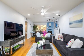 Smart TV, fireplace, ping pong, books