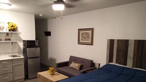 A compact hotel room with a bed, a sofa, a small kitchen area with a microwave and refrigerator, and a framed picture on the wall.