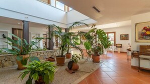 Un espacio interior amplio con varias plantas en macetas, una pared de piedra y suelo de baldosas.