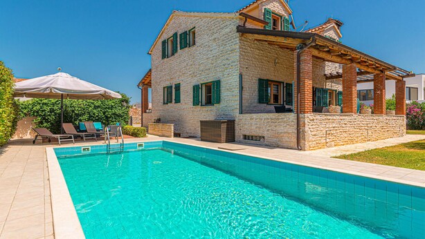 A stone building with a swimming pool, outdoor seating, and a pergola. - Beautiful home in Vodice with sauna (Vodice)