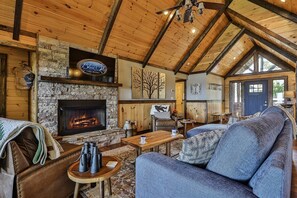 Smart TV, fireplace, books