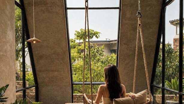 A room with a hanging chair, a small table, and a radio. - Twilight Forest (New Taipei City)