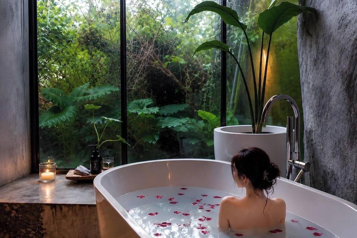 A bathtub with rose petals, a candle, and a potted plant by a window.