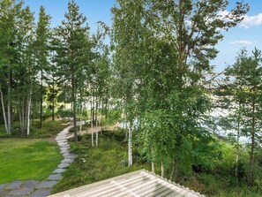 A stone pathway leading through a forested area with birch trees and a view of a body of water.