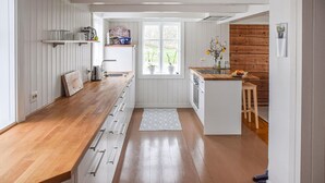 A modern kitchen with wooden countertops, a built-in oven, and a window with potted plants. - 3 bedroom cozy home in Lindesnes (Lindesnes)