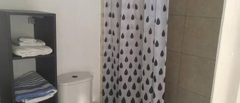 Douche, serviettes fournies, papier toilette