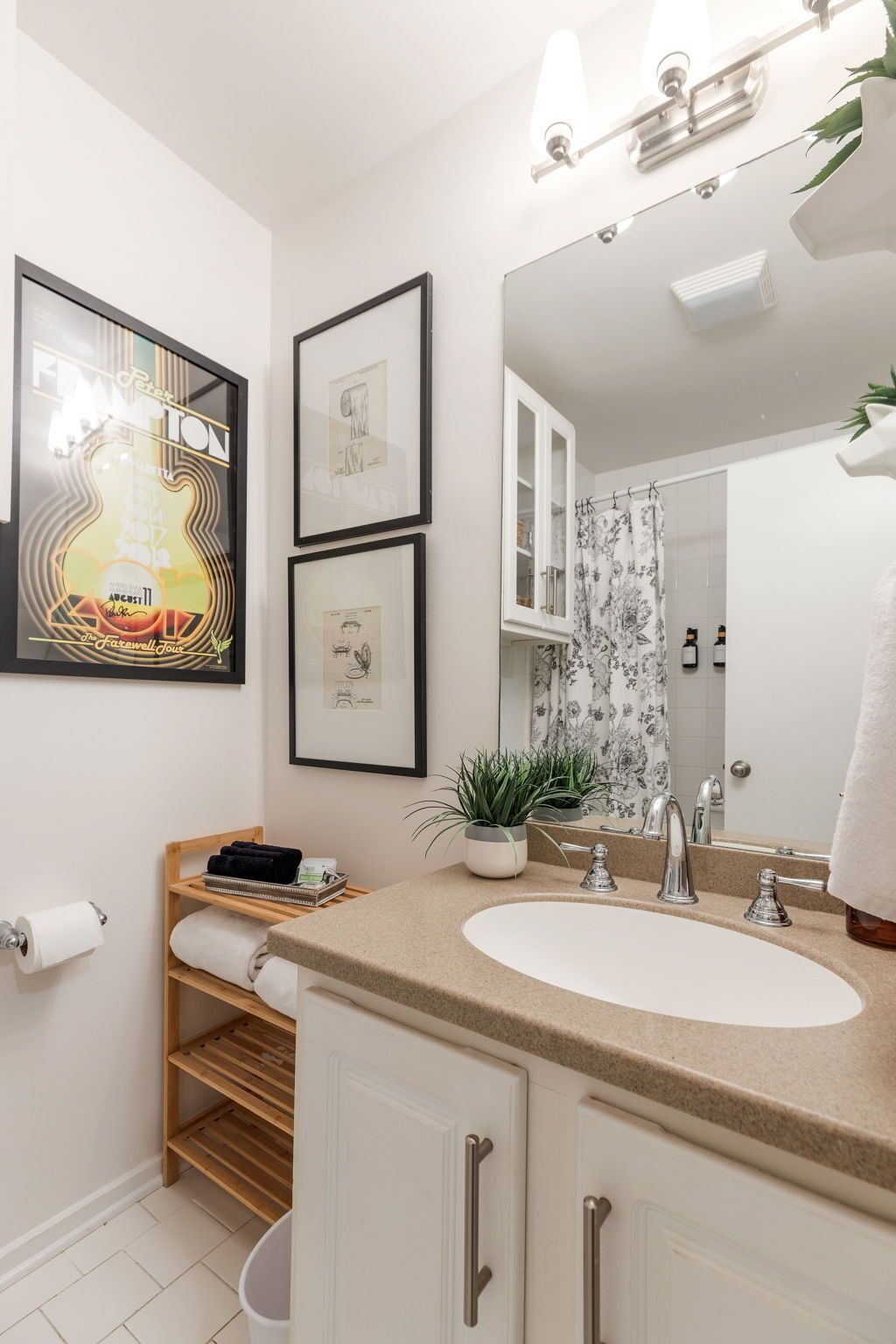 A modern bathroom with a white sink, a mirror, framed artwork, a shower curtain, and a towel rack.