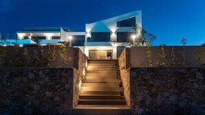 A modern building with a staircase leading to a glass door, surrounded by stone walls and plants. - Eliandreia Luxury Villa (Lefkada)