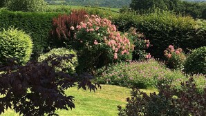 Un jardín con diversas plantas y una mesa de madera.