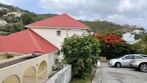 Un barrio residencial con una casa de techo rojo y fachada blanca, un jardín con flores rojas, y un coche estacionado.