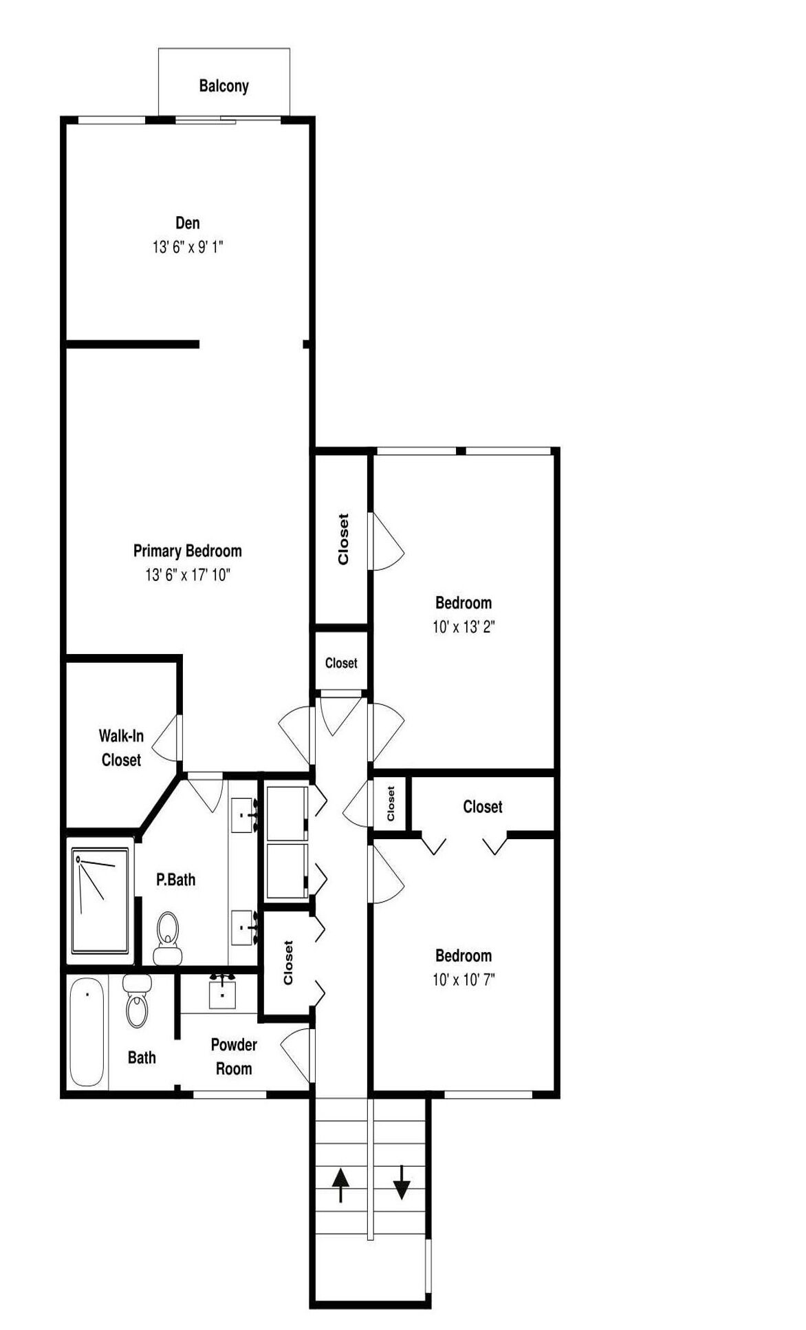 A floor plan of a hotel room with a balcony, a primary bedroom, two smaller bedrooms, a walk-in closet, a powder room, a bathroom, and a P.Bath.