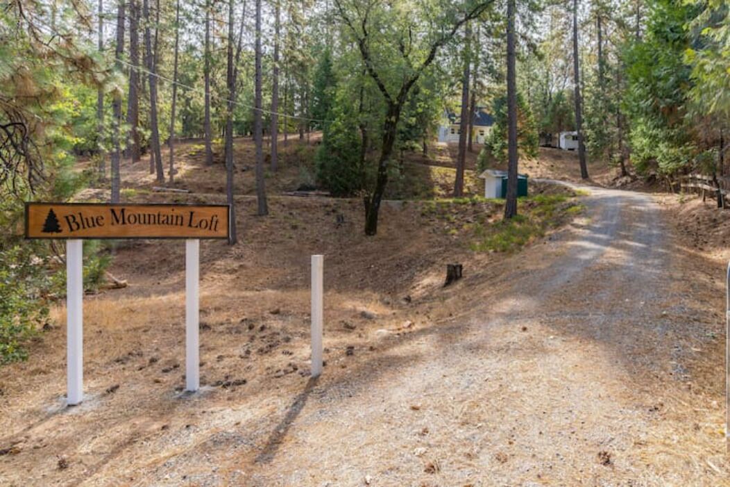 A sign for Blue Mountain Loft in a wooded area with a gravel path.