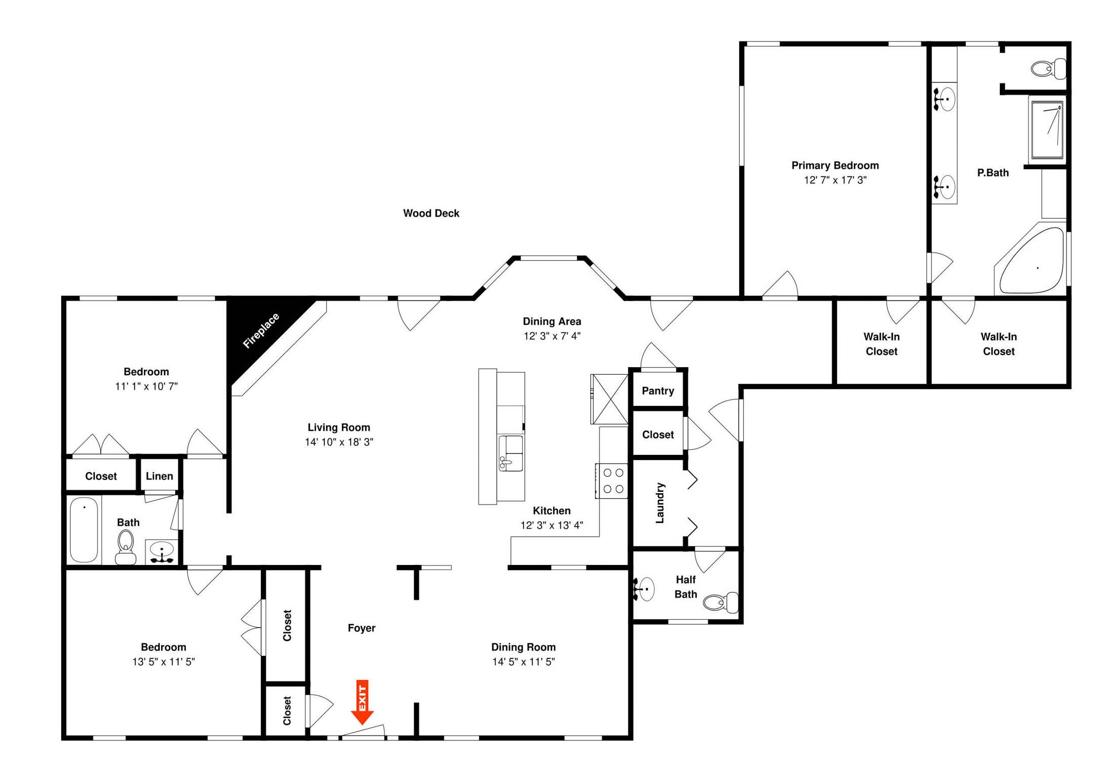 Un plan d’étage d’une maison comprenant une salle à manger, une cuisine, deux chambres, un salon et une salle de bain.