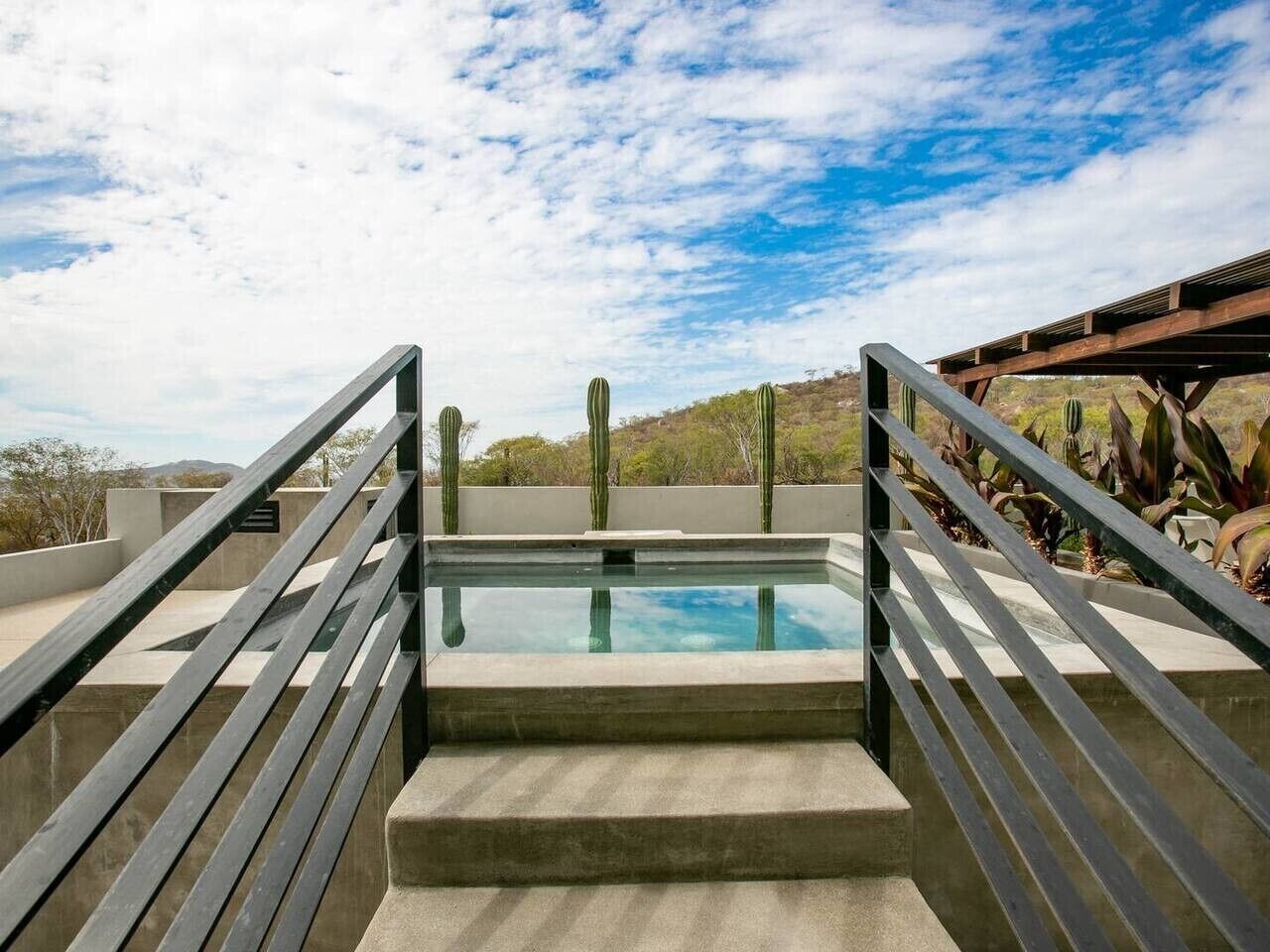 A swimming pool with a view of cacti and a clear sky.