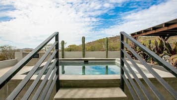 A swimming pool with a view of cacti and a clear sky.
