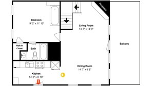 A floor plan of a house with a bedroom, living room, dining room, kitchen, walk-in closet, and bathroom. - Macys Hideaway by Jackson Mountain Rentals (Sevierville)