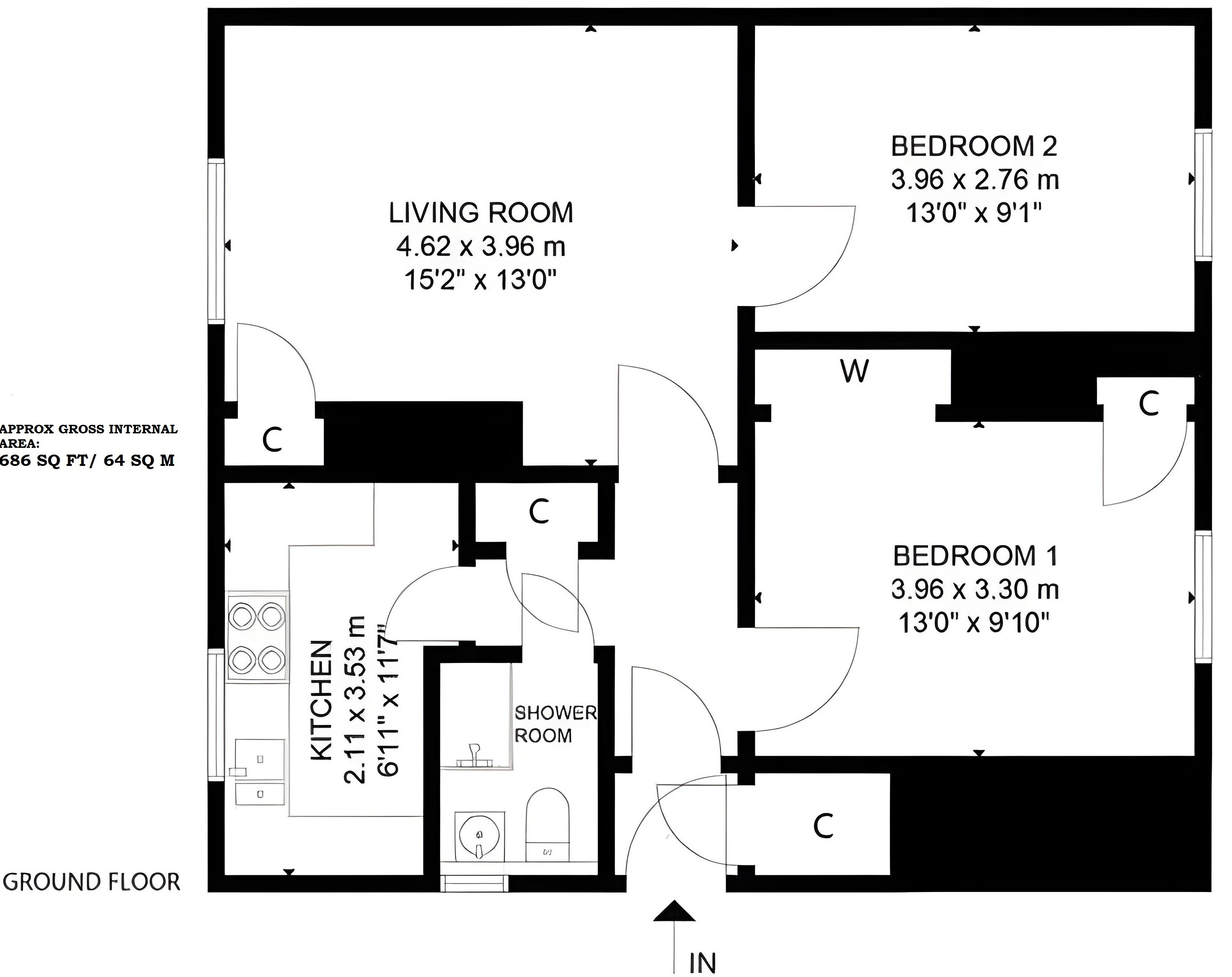 Un plan d’étage d’une maison comprenant un salon, une cuisine, deux chambres et une salle de bain.