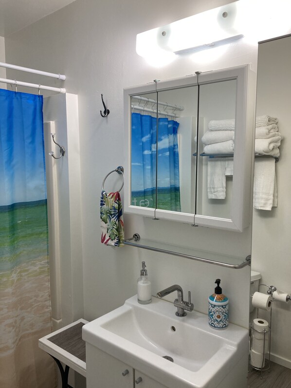 Tina con regadera, secadora de cabello, toallas, jabón 