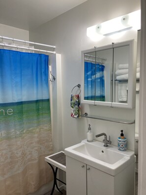 Tina con regadera, secadora de cabello, toallas, jabón 