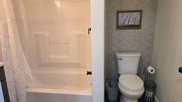 Combined shower/bathtub, hair dryer, towels, soap