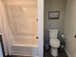 Combined shower/tub, hair dryer, towels, soap