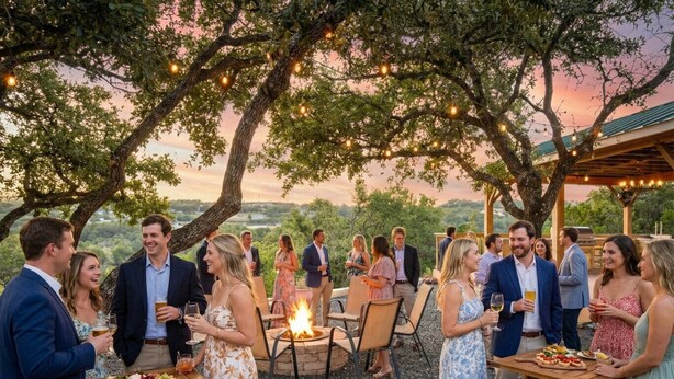 An outdoor gathering with people socializing around tables, a fire pit, and string lights. - Gated 10-Acre Compound | Sleeps 28 | Game Room (Spicewood)