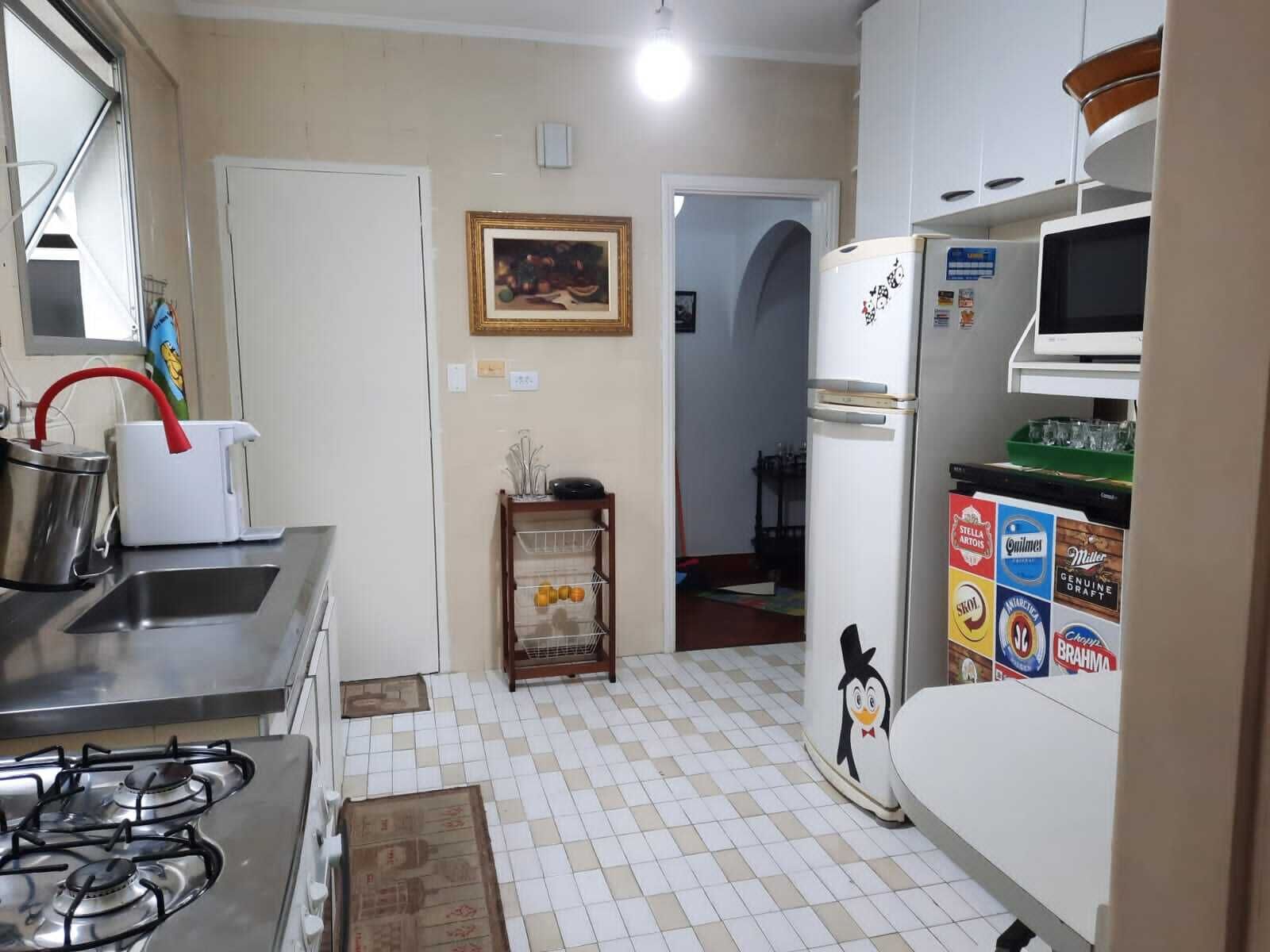 Fridge, microwave, stovetop, cookware/dishes/utensils