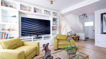 Smart TV, fireplace, books