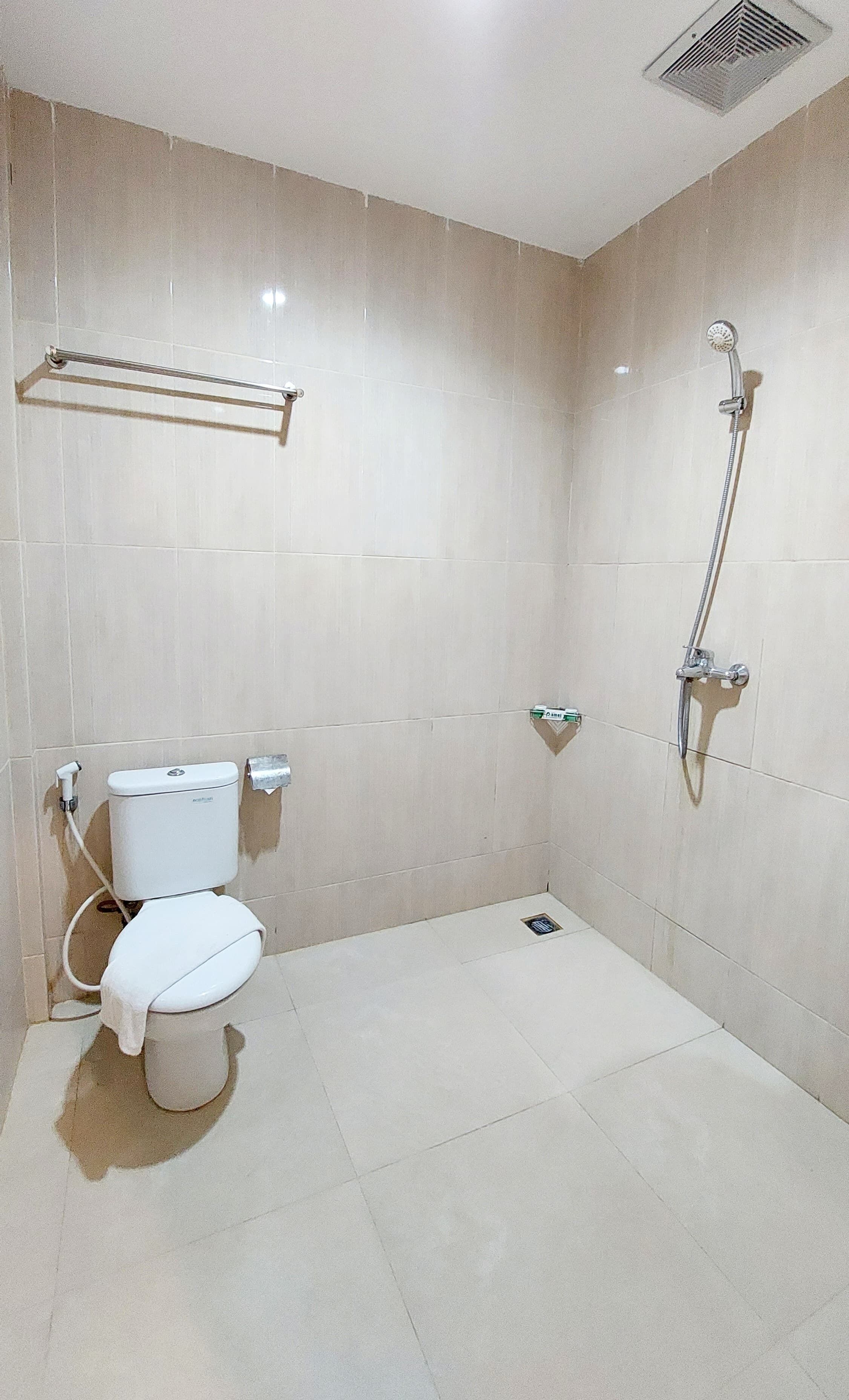 Casa de banho com sanita, chuveiro e barra para toalhas.