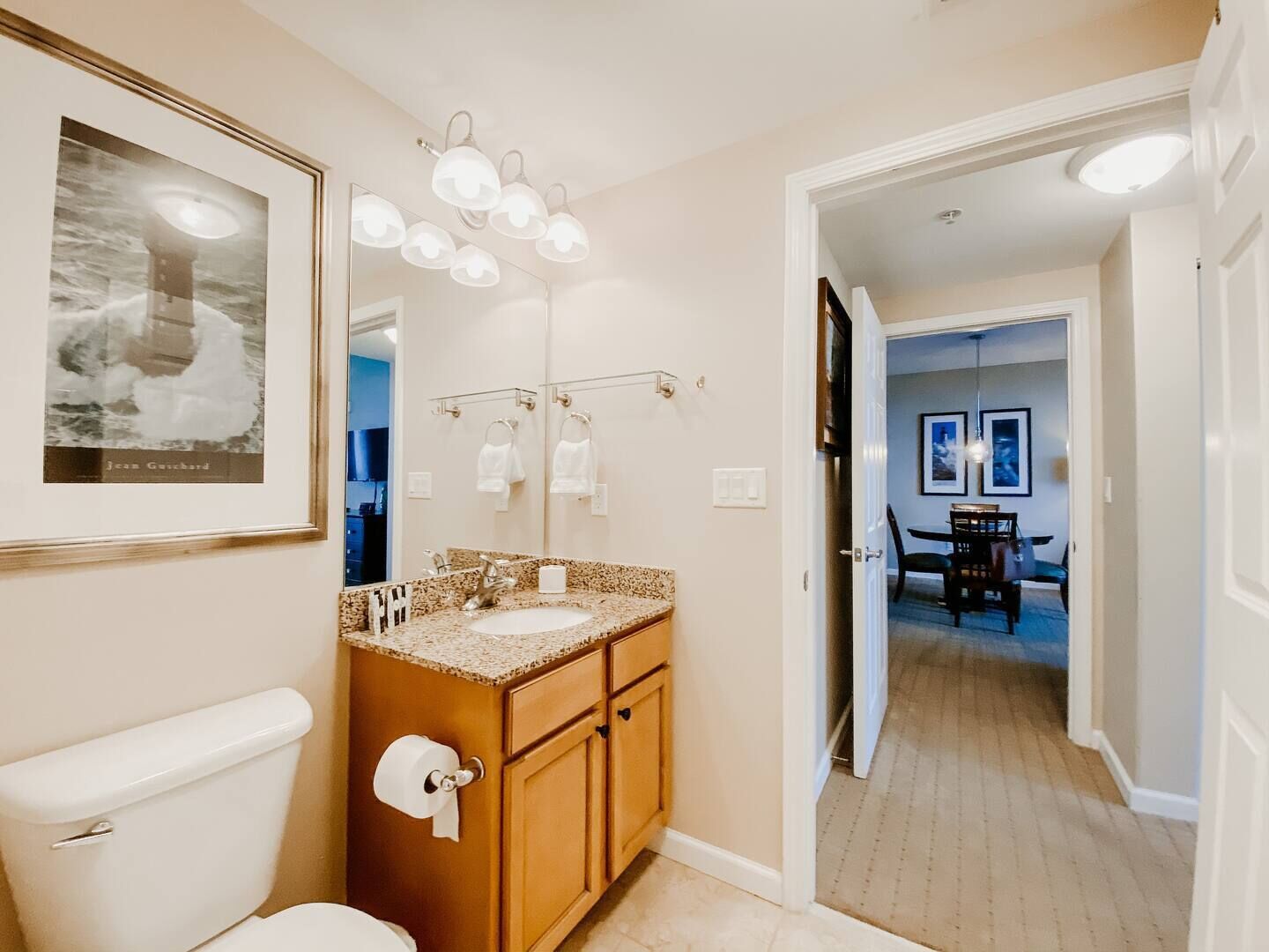 combined shower/bathtub, hair dryer, towels, soap