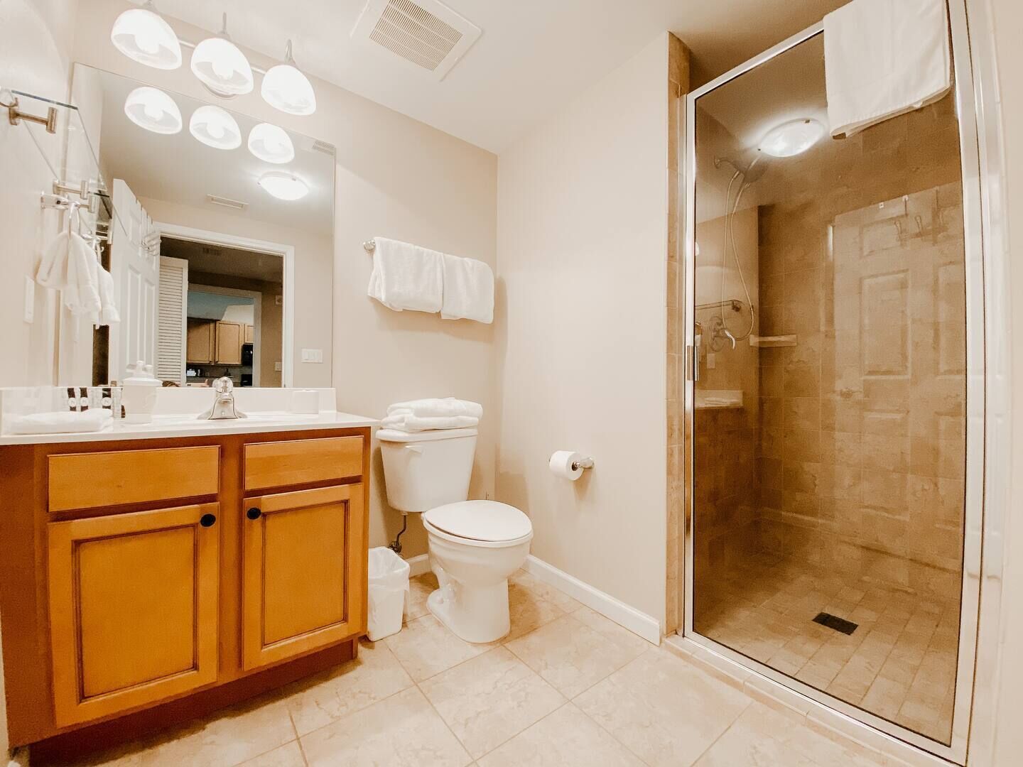 combined shower/bathtub, hair dryer, towels, soap