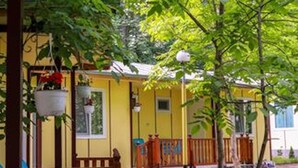 A yellow building with a wooden porch, a small staircase, and hanging flower baskets. - Perfect Place for 2 or 3 (Petrich)