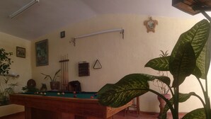 Una mesa de billar en una habitación con suelo de baldosas, ventilador de techo y varias plantas en macetas.