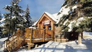 Eine Holzhütte mit einem Schild, auf dem 'Candy Cabin' steht, umgeben von schneebedeckten Bäumen.