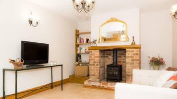 A living room with a fireplace, a television on a table, and a bookshelf.