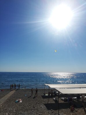 Playa en los alrededores y playa de arena negra