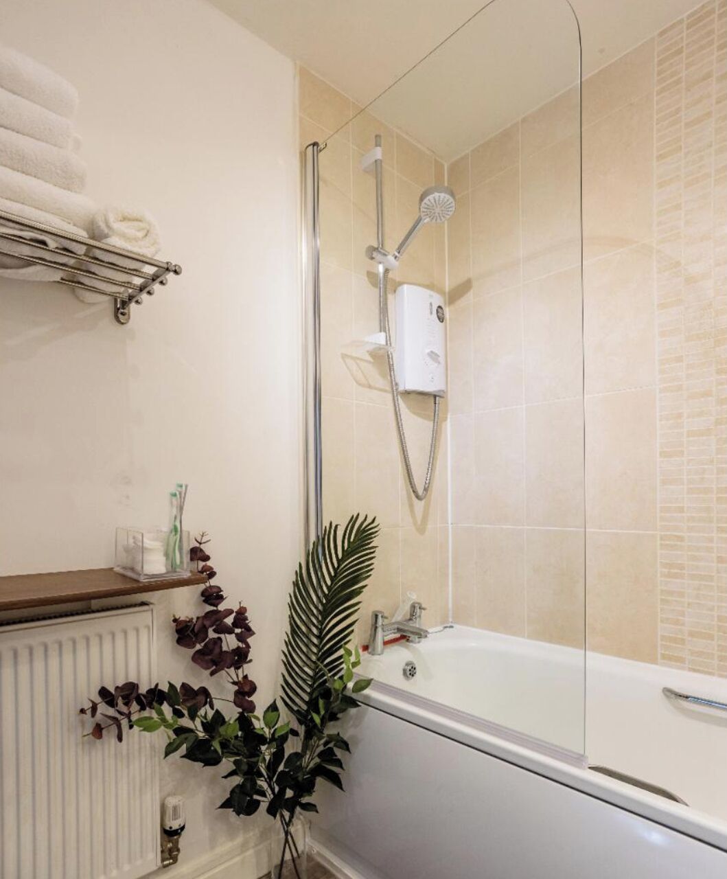 Une salle de bain avec une baignoire, une douche, un porte-serviettes, un radiateur et une plante.