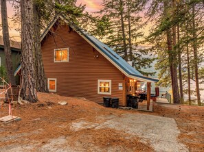 Une cabane avec un toit en pente, une véranda et un espace barbecue.